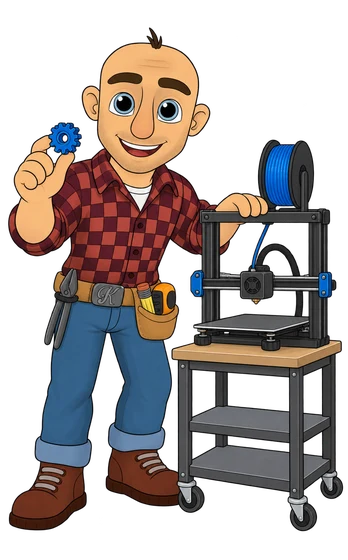 Kilroy holding a freshly printed blue gear beside a 3D printer.