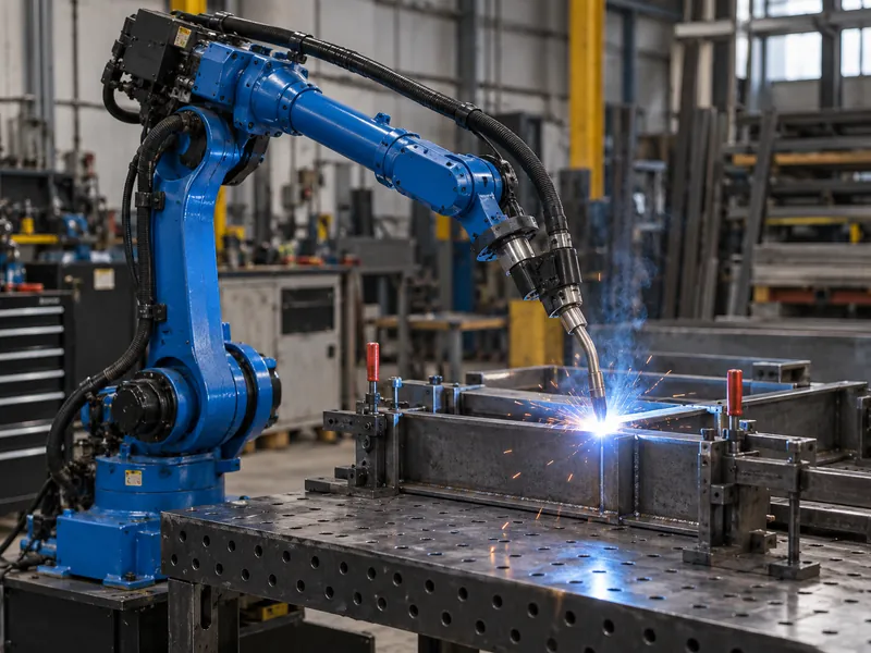 A six-axis robotic welding arm laying a bead on a steel frame.